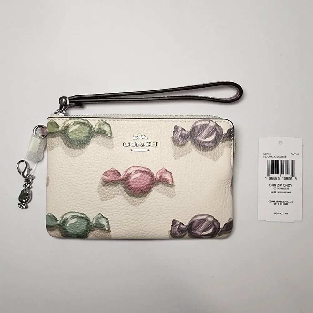 NWT COACH CDF34 Corner Zip Wristlet With Candy Print And Charm Chalk/Jasmine V2